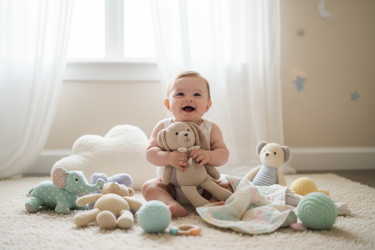 baby der leger med blødt legetøj